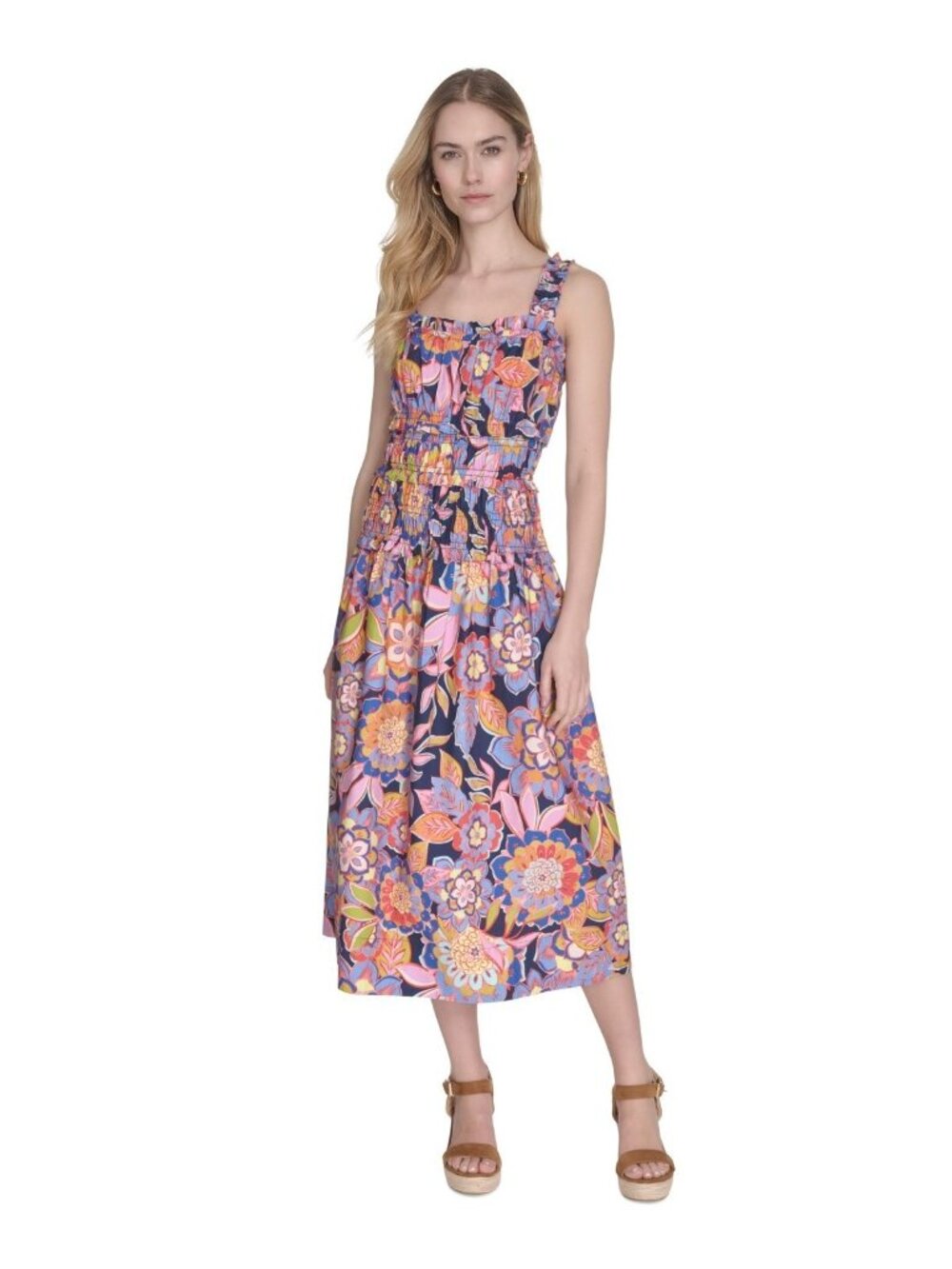 Eliza J Women's Cotton Smocked-Waist Floral-Print Dress Pink Orange Size 8 $138